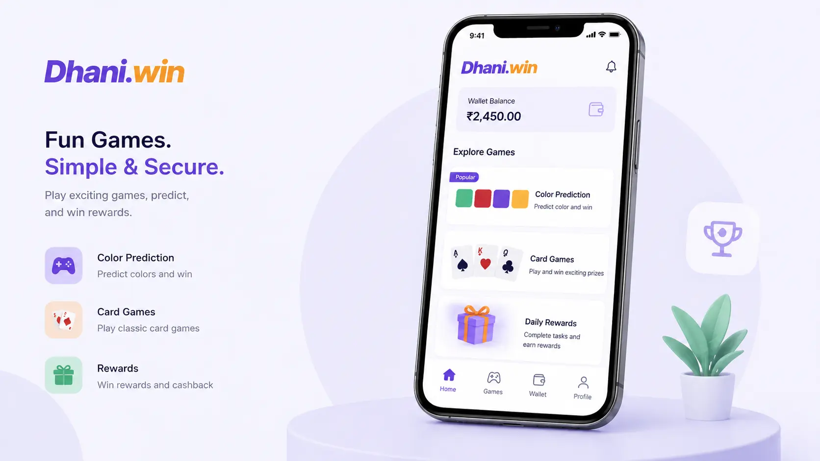 Dhaniwin features including games, rewards and wallet interface