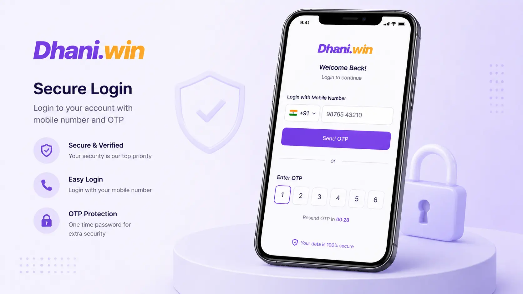Dhaniwin login screen with OTP verification and secure access