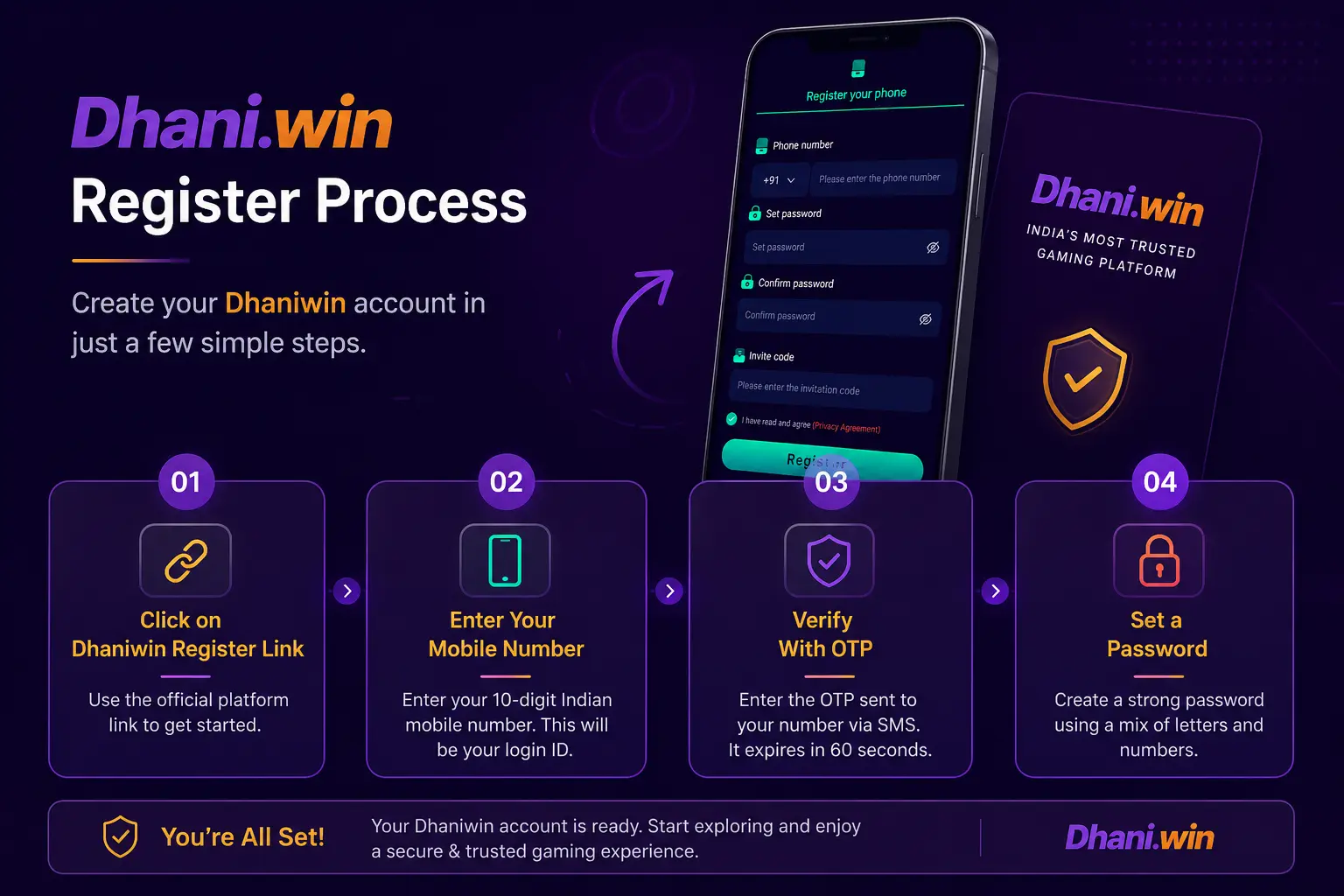 Dhaniwin register process with mobile number and OTP steps