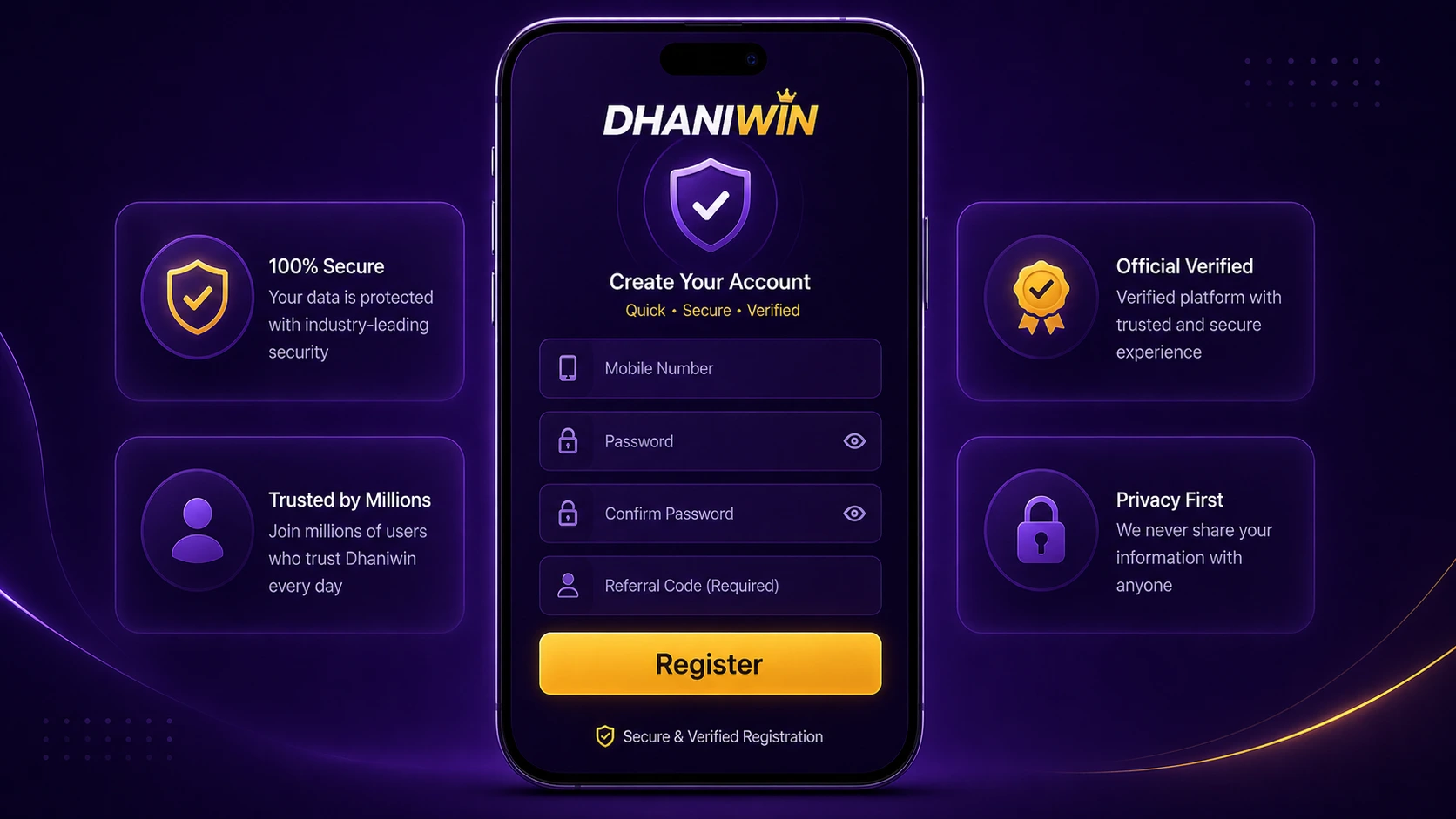 Dhaniwin register form interface with mobile number, password and referral code fields